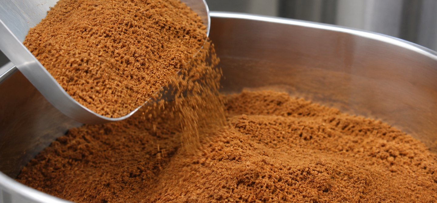 Gula aren bubuk Arenga dalam jumlah besar di fasilitas produksi