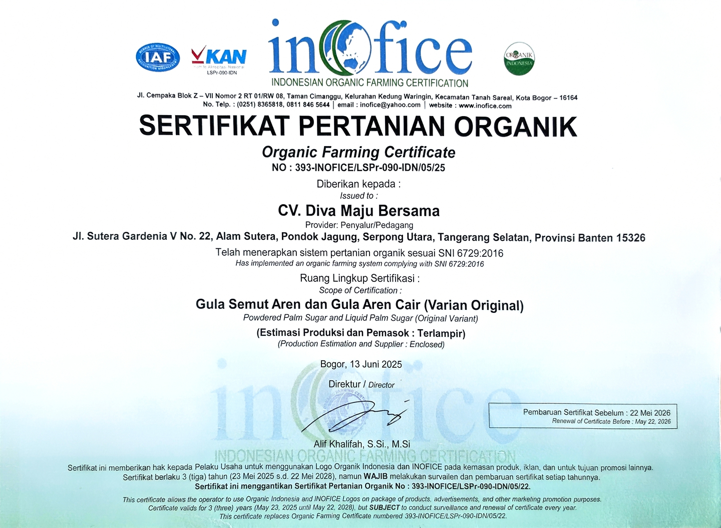Sertifikat Pertanian Organik dari INOFICE Indonesia untuk CV. Diva Maju Bersama, nomor 393-INOFICE/LSPr-090-IDN/05/25, berlaku 23 Mei 2025 sampai 22 Mei 2028