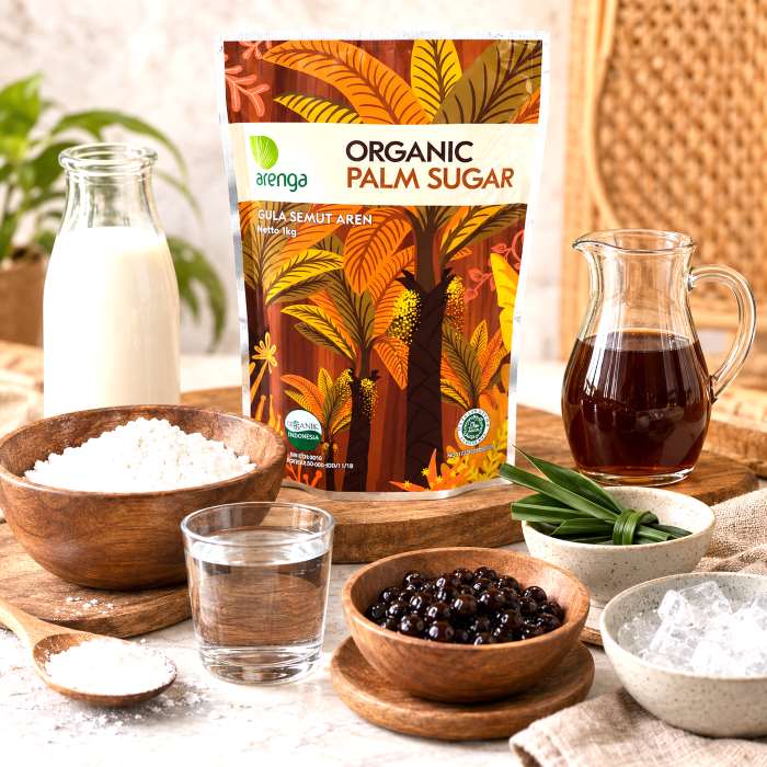 Bahan membuat boba gula aren dengan Arenga Organic Palm Sugar, tepung tapioka, susu, air, daun pandan, dan es batu