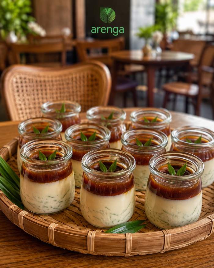 Dessert fusion cendol panna cotta dengan saus gula aren pekat di atas piring saji.