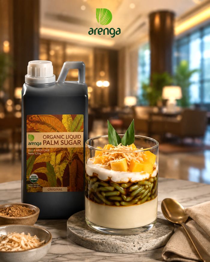 Cendol panna cotta dengan topping nangka, kelapa sangrai, dan saus gula aren cair Arenga Liquid Palm Sugar di meja hotel.