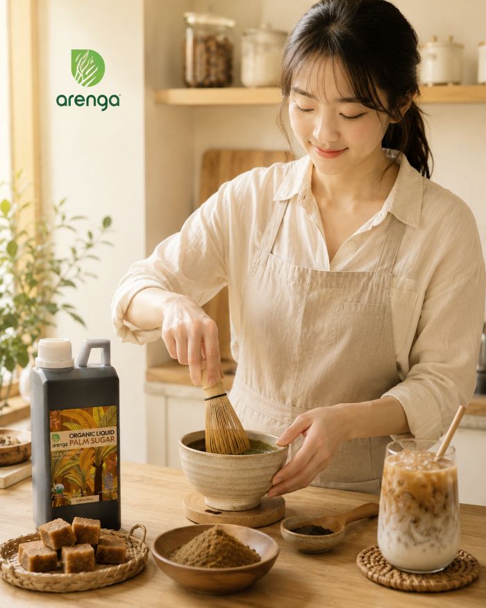 Seseorang sedang mengaduk minuman hojicha latte dengan sendok di meja kayu.