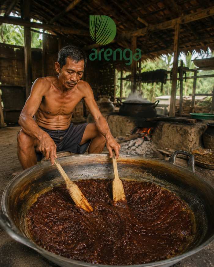 Seorang petani lokal sedang membuat gula aren dari pohon aren yang tumbuh disekitarnya  sebagai sumber mata pencaharian utama bagi keluarganya.