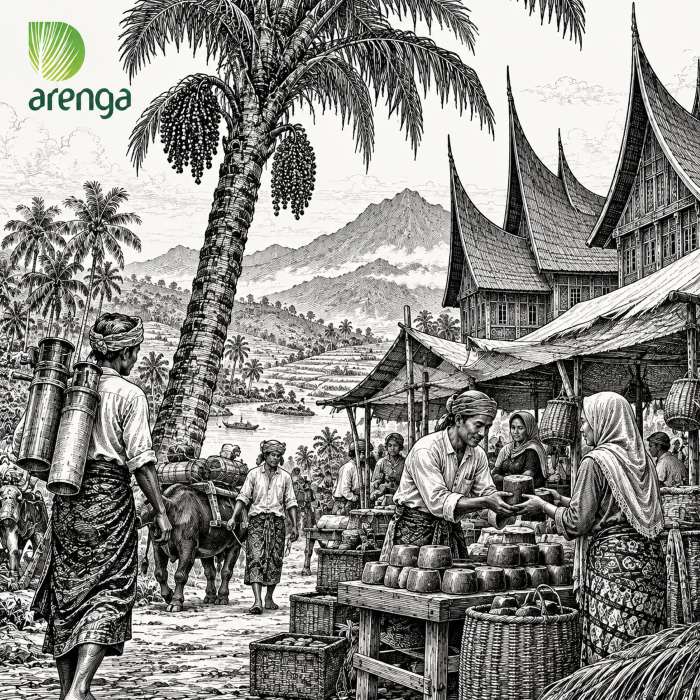 Ilustrasi kehidupan kampung Minangkabau tahun 1869 dengan pohon anau, rumah gadang, penyadapan nira, pengolahan gula, dan aktivitas masyarakat.