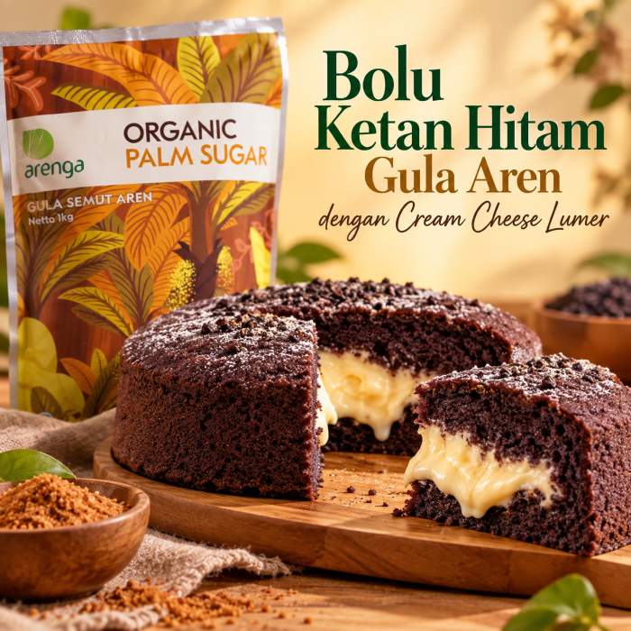 Bolu ketan hitam gula aren dengan cream cheese lumer disajikan bersama produk Arenga Organic Palm Sugar