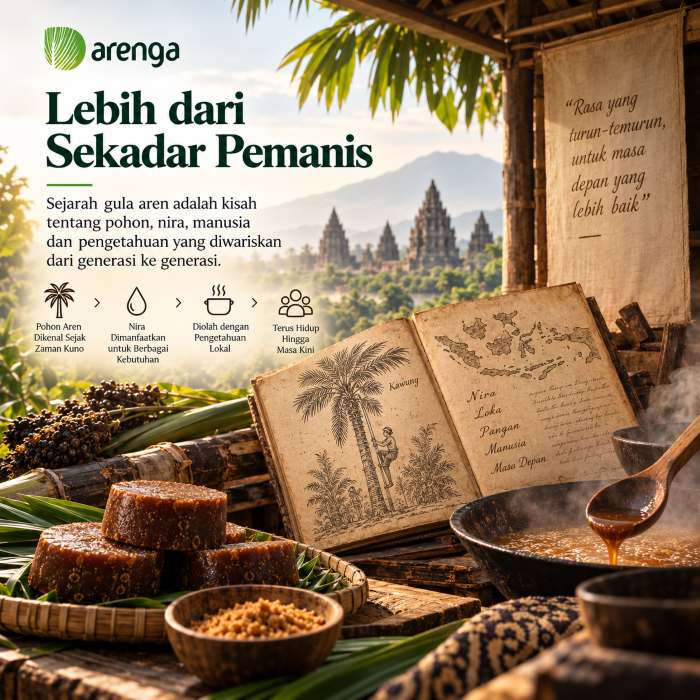 Ilustrasi tradisi gula aren Indonesia dengan penyadapan nira, pengolahan gula, desa Jawa, dan naskah kuno.