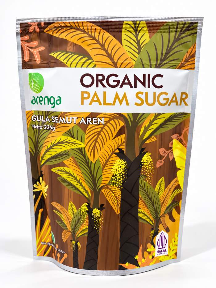 Kemasan Arenga Organic Palm Sugar 225 gram di atas meja, dengan desain ilustrasi pohon aren dan tulisan “Gula Semut Aren”, untuk panduan memilih ukuran gula aren sesuai kebutuhan rumah tangga.