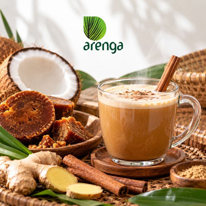Kopi santan gula aren di samping Sarabba khas Makassar dengan santan, gula aren, dan rempah