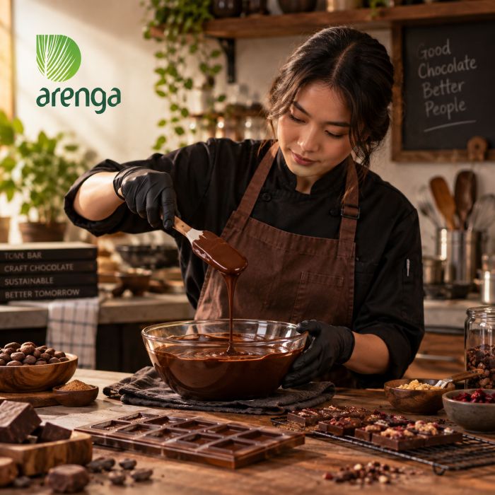 Chocolate maker sedang mengolah cokelat leleh di dapur artisan dengan biji kakao, sementara logo Arenga terlihat di bagian atas.