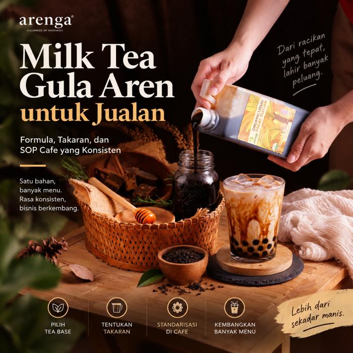 Milk tea gula aren dengan boba dan gula aren cair Arenga sebagai ilustrasi formula dan SOP minuman cafe.