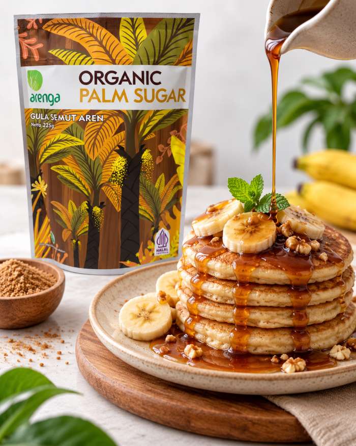 Pancake bertumpuk dengan irisan pisang, kacang, dan saus gula aren yang dituangkan dari pitcher, dengan kemasan Arenga Organic Palm Sugar 225 gram di latar belakang.