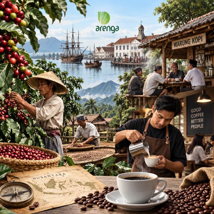 Sejarah kopi di Indonesia dari perkebunan hingga budaya ngopi di warung dan cafe modern.