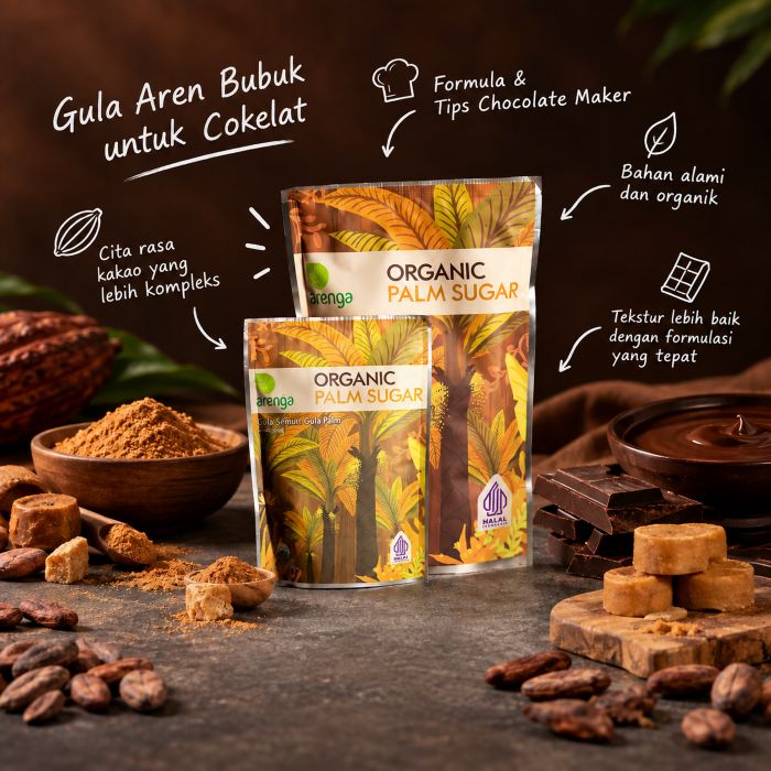 Gula aren bubuk Arenga dalam kemasan ditampilkan bersama kakao dan cokelat sebagai bahan untuk membuat cokelat artisan.