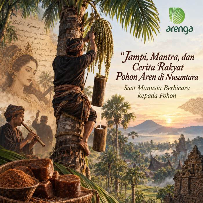 Ilustrasi penyadap pohon aren mengambil nira dengan bambu, menggambarkan tradisi jampi, mantra, dan cerita rakyat Nusantara.