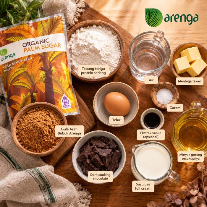 Bahan resep churros dengan saus cokelat gula aren, termasuk tepung terigu, telur, mentega, dark chocolate, susu, dan Gula Aren Bubuk Arenga 1 kg, difoto dari atas.