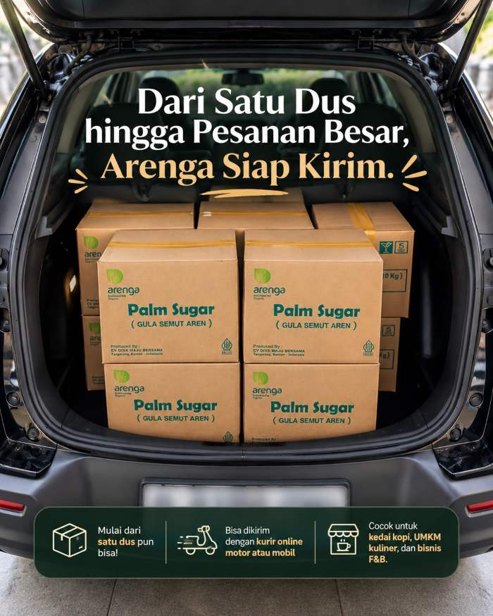 Gula semut aren Arenga dalam kemasan siap dikirim ke seluruh Indonesia untuk kebutuhan UMKM kuliner dan bisnis F&B.