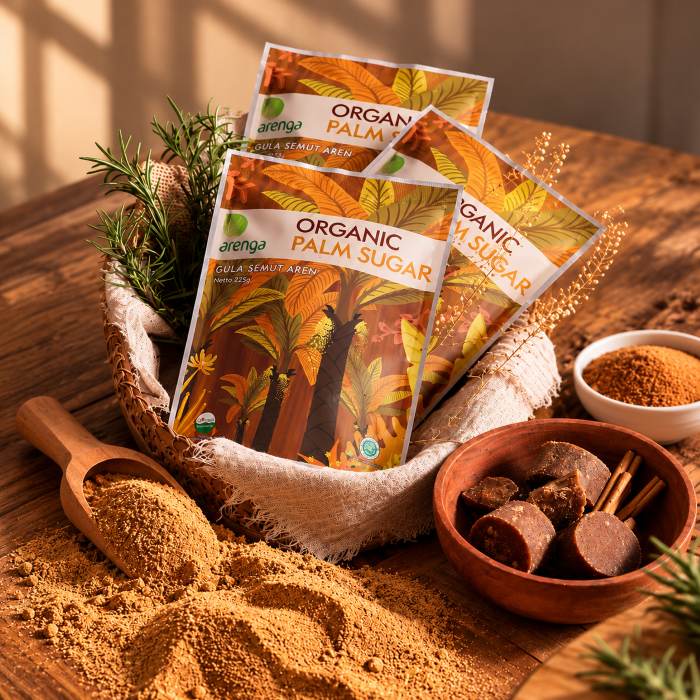 Gula semut aren Arenga dalam kemasan Organic Palm Sugar 225 gram, ditampilkan bersama gula aren bubuk, gula aren cetak, dan bahan alami di atas meja kayu bernuansa hangat.